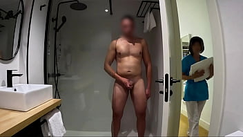 Preview 4 of Stressed Son - I jerk off in the bathroom until the room service cleaning girl comes in and helps me finish cumming