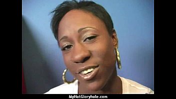Preview 2 of Mother And Hoy - Ebony Hottie Milking Cocks in the Gloryhole 1