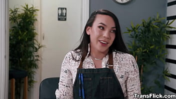 Preview 1 of Rika Arisawa - Cliff Jensen getting his big cock sucked by sexy trans Beautician Kasey Kei and they have an instense and steamy fuck sesh
