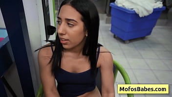 Preview 4 of Upskirt On Sofa - Busty horny teen fucked hard from behind in a public laundromat - Nikki Mars,  Jason Legend