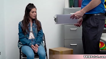 Preview 1 of Three People Kiss - Brunette thief teen caught and now its time for a quickie punish fuck