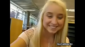 Preview 1 of Cute Lezzies Having Sex - Hot Blonde flashes big tits in library