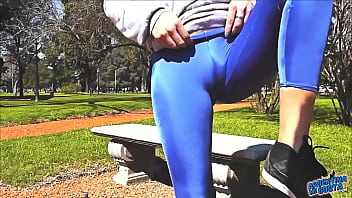 Preview 2 of Jessie Volt Handjob - Round Ass Teen In Ultra Tight Shiny Spandex Showing Cameltoe In Public!