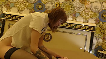 Preview 2 of Frond Fuck - Hot Tight Pussy Skinny Redhead Braless and No Panties on The Bed gets Bored and Ignored in Black Stockings