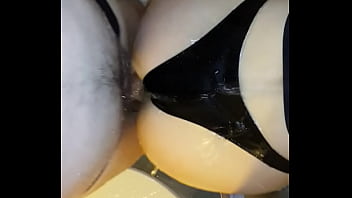 Preview 3 of Mom Got Bib Boobs - Me fucking my wife&#039_s big wet ass in latex strings in shower