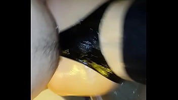 Preview 1 of Mom Got Bib Boobs - Me fucking my wife&#039_s big wet ass in latex strings in shower