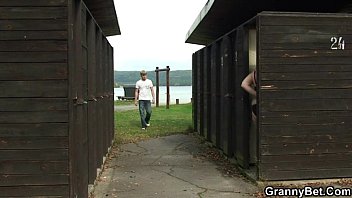 Preview 2 of Saggy Boob Hottie - Granny takes it from behind in the changing room