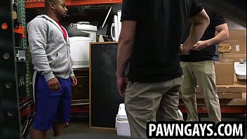 Preview 2 of Anna Bell 2mins Video - Ebony hunk sucking on two cocks at the pawn shop