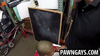 Preview 3 of Anna Bell 2mins Video - Ebony hunk sucking on two cocks at the pawn shop