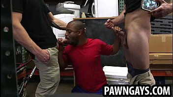 Preview 4 of Anna Bell 2mins Video - Ebony hunk sucking on two cocks at the pawn shop
