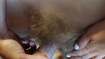 Preview 3 of Mome Sexe - Milky milf made her neighbour hard and tease his hairy big cock with her hairy pussy but don&#039_t let him in. Tease and denial