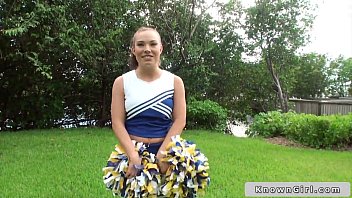 Preview 1 of Lola Sin - Busty cheerleader flashing boobs outdoor