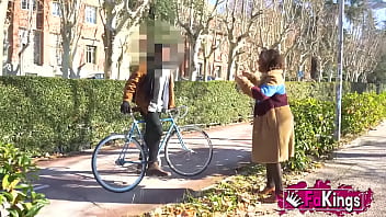 Preview 2 of Small In Fuck - Hunting Nerds around the streets of Madrid! Will you be lucky to bang Elena de la Vega?