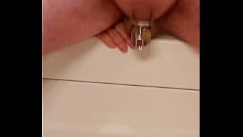 Preview 4 of Red Lipstick Live - Man in Chastity fucks dildo hard