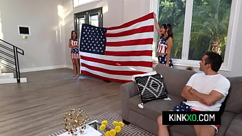 Preview 2 of Xxx Vedeo 9 - Teen stepsisters Mae Milano and JC Wilds in an intense fuck session with their stepdad for 4th of July