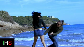 Preview 1 of Son Feeling Up Mom - Beautiful threesome on the beach with two very dirty brunette girls