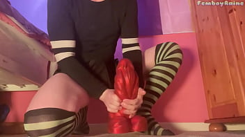 Preview 3 of 10 Minute Video Link - Cute femboy Raine with juicy butt riding giant toys and getting stretched