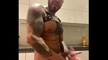 Preview 3 of Xxxbangla Video Babe College - Latino gay pornstar in harness and leather panties in the kitchen fingering my cock - VIKTOR ROM -
