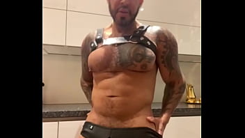 Preview 1 of Xxxbangla Video Babe College - Latino gay pornstar in harness and leather panties in the kitchen fingering my cock - VIKTOR ROM -