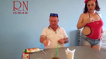 Preview 3 of Public Pickups For Money - Naked waitress. Restaurant guest eats from the waitress&#039_s navel. C2TEASER