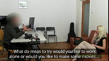 Preview 2 of Lingerie Wife Watching Porn - Blonde masturbates and bangs on couch in office