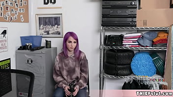 Preview 1 of Sabar Jasti - Purple haired biker chick caught shoplifting and now her tiny pussy will be destroyed