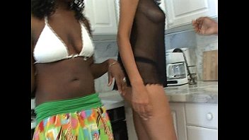 Preview 1 of Sunny Leone Condome Add - Interracial lesbian trio in kitchen