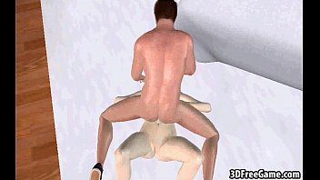Preview 4 of 2 Men Licking 1 Pussy - Sexy 3D brunette babe gets fucked and sucks two cocks
