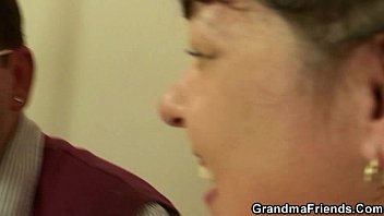 Preview 1 of Busty Milf Jerks Penis - Chubby woman takes two horny dicks