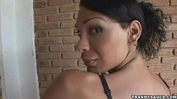 Preview 2 of Oral Ffm Fuck - Sexy brunette shemale in lingerie jerking her cock