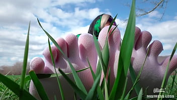 Preview 2 of Rang S X - Goddess feet in cute white socks with jeans on the spring grass field