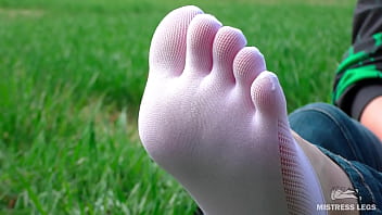 Preview 3 of Rang S X - Goddess feet in cute white socks with jeans on the spring grass field