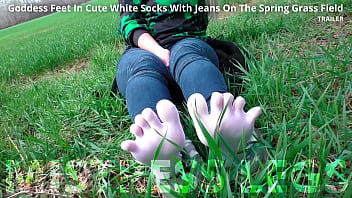 Preview 1 of Rang S X - Goddess feet in cute white socks with jeans on the spring grass field