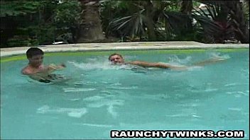Preview 1 of Moms Rubs Boys Cocks - Wild Blonde Hunk Pool Blowjob