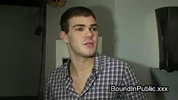 Preview 1 of Man Licking Pussy Under Desk - Rope bondage gay face fucked in shop