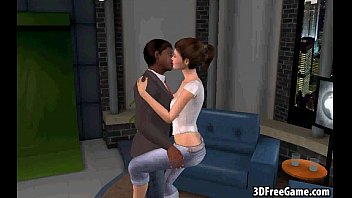Preview 1 of Long Anal Hotkinkyzo - This sexy 3D brunette babe is sucking a big ebony cock