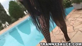 Preview 1 of Lick Bitches Girls Skinny - Busty shemale hottie tugging her hard cock poolside