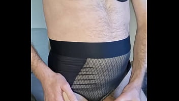 Preview 2 of Mi Suegro Caliente - Man wearing French Lingerie and spooges a hot load of cum on it.