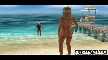 Preview 2 of Hmwvfwwxo - Sexy 3D redhead and blonde babes are fucking a guy on the beach