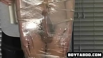 Preview 2 of Virgin Rotate - Horny stud gets saran wrapped before getting tugged
