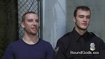 Preview 1 of Mp4 Xnx - Bondage butt plugged gay bent over table throat fucked in prison