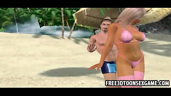Preview 4 of Oil Lesbian Sissor Fight - 3d cartoon couple dances at the beach and feel each other
