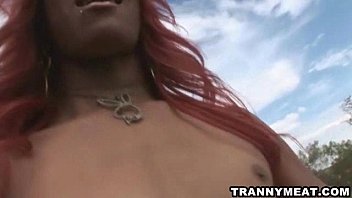 Preview 3 of Large Boobedvixen - Tranny with dark skin and red hair jerks that cock