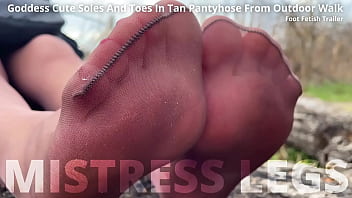 Preview 1 of Pretty Xxx Video Kajal - Goddess in the spring forest teases you with her feet in tan pantyhose