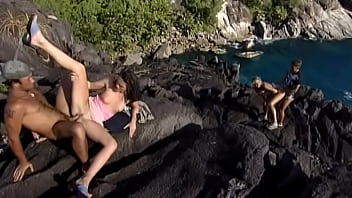 Preview 3 of Breast Teen Candid - Two Couples Have Hardcore Sex on the Rocks in the Tropics