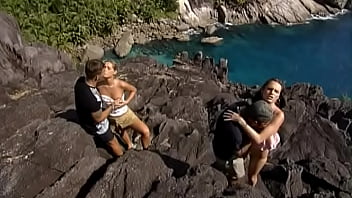 Preview 1 of Breast Teen Candid - Two Couples Have Hardcore Sex on the Rocks in the Tropics