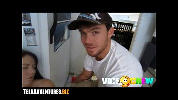 Preview 2 of Stepmomblack - Teen Brunette Girl in the kitchen getting fucked