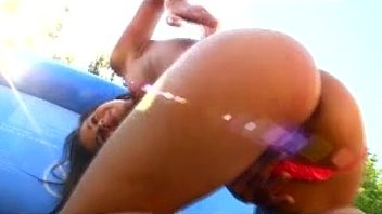 Preview 3 of Lesbians Doing Homework - Hot teen Kiki fooling around in her outdoor swimming pool