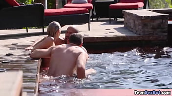 Preview 1 of Wife Filmed N Shared - Pool party with Emma Hix ends in a threesome fucking party No wonder she is always horny