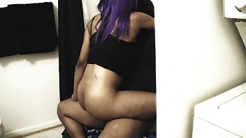 Preview 1 of Horny With Sperm - purple hair Black Emo rides Dick Hard in public bathroom